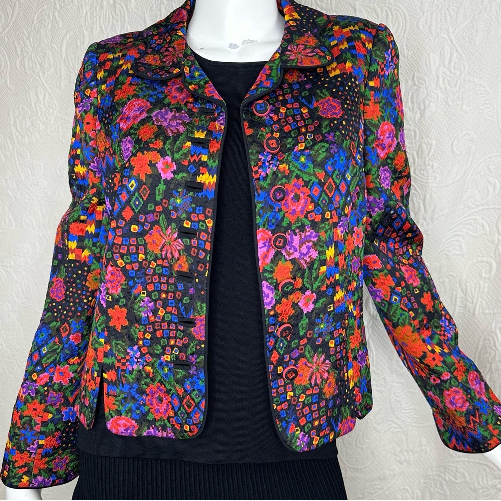 Caroline Charles London Wool Silk Multicolor Floral Geometric Blazer